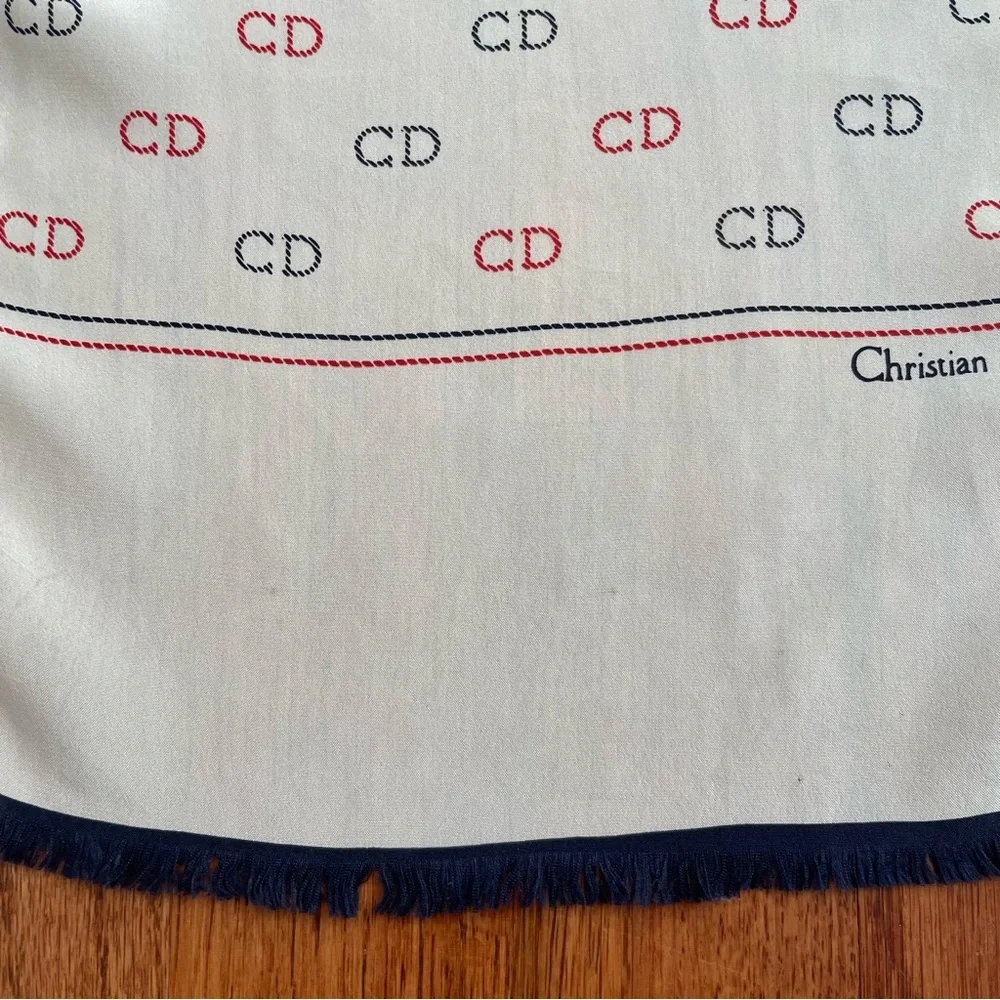Christian Dior red and blue monogram on white silk scarf made in Italy